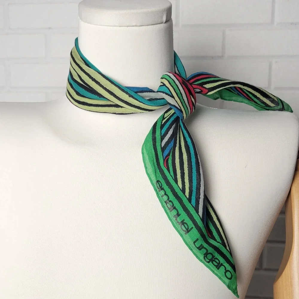 Vintage 1980s Emanuel Ungaro Square Cotton Scarf Green Geometric Mod Designer